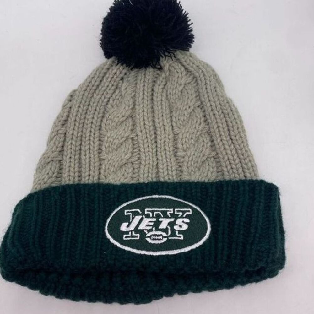New York Jets Beanie Womens OSFA Pom Grey NFL Football Cable Knit NEW
